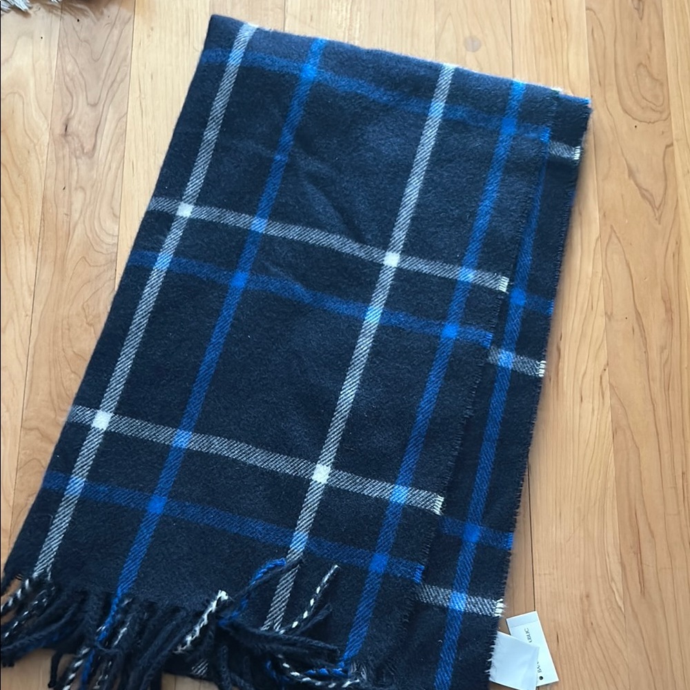 Plaid Wool Scarf with Blue and Black Check Pattern